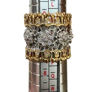 Two Tone Sterling Silver Floral Filigree Wide Band Ring size 7.5